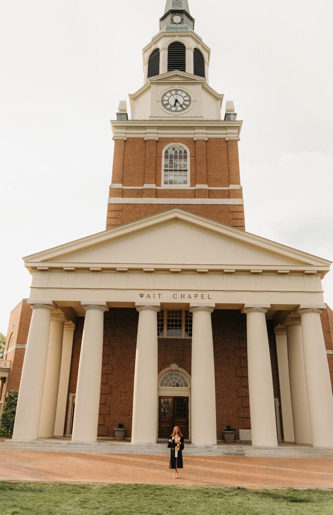 Wake Forest University graduation photo of Wait Chapel exterior during senior portrait session