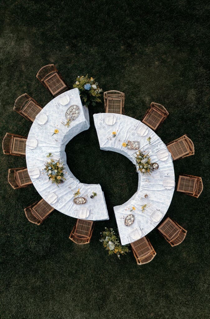 Drone view of French-inspired wedding reception design at Le Château du Coeur.